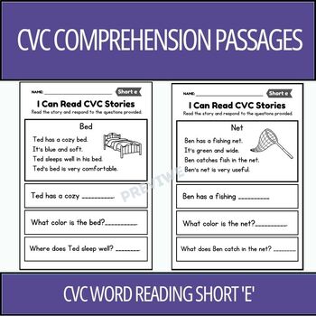 Preview of CVC Stories Reading passages with comprehension questions - CVC Words Short "e"