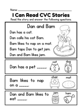 CVC Stories including comprehension questions by Mrs Tiru | TPT