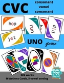 CVC Uno game, Short vowel phoneme cards, a e i o u, Emerge