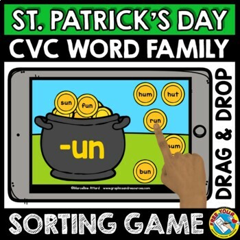 Preview of CVC WORD FAMILY SORT ST PATRICK DAY ACTIVITY BOOM CARD KINDERGARTEN PHONICS READ