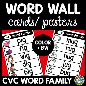 Preview of CVC WORD WORK FAMILY FLASH CARDS WITH PICTURES LIST POSTER OR PHONICS SOUND WALL