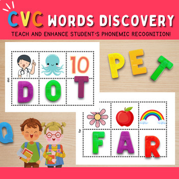 Preview of CVC WORDS DISCOVERY I Phonemic awareness, short vowel recognition (a e i o u)