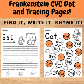 Preview of Frankenstein CVC Dot and Tracing Pages - Halloween Reading Activity for K - 1st