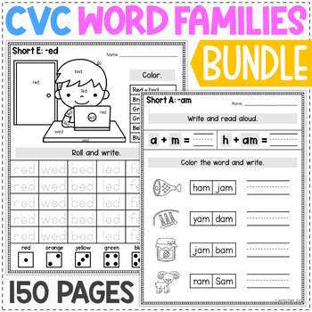 Preview of CVC Word Families Bundle - CVC Words Review Worksheets - Practice and Assessment