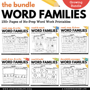 Preview of CVC Word Families No Prep Color, Cut & Glue Worksheets Bundle Distance Learning