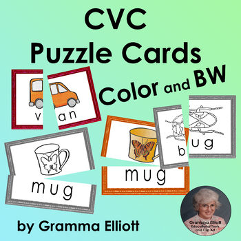 CVC Picture Vocabulary Word Cards for Puzzles and Matching in Color and BW