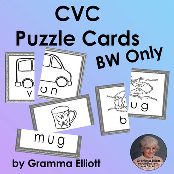CVC Word Families Picture Cards for Puzzles, Word Walls, Matching in BW Only
