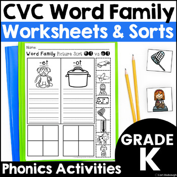 Preview of CVC Word Families Practice Worksheets with Short Vowel CVC Matching Picture Card