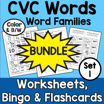 Preview of CVC Words Worksheets, Games, and Flashcards Kindergarten (Set 1) Bundle