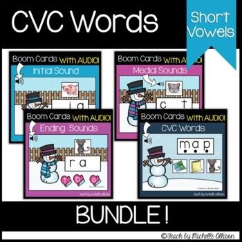 Preview of CVC Word Games| Phonics Games | Winter Boom Cards WITH AUDIO