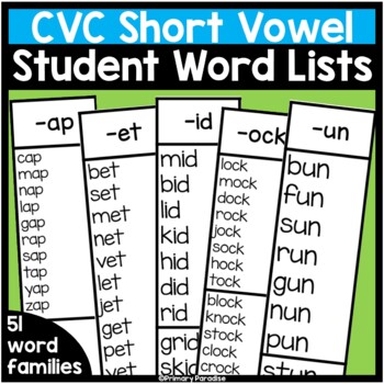 Preview of CVC Word Lists for Students: Printable Short Vowel Word Family Bookmarks