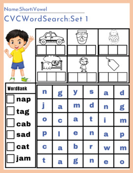 CVC Word Searches Worksheet for Children: Reading Comprehension PDF and PNG