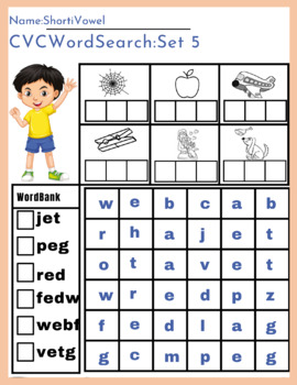 CVC Word Searches Worksheet for Children: Reading Comprehension PDF and PNG