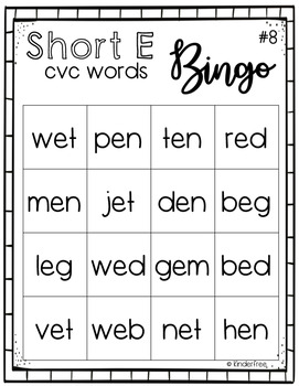 CVC Words Bingo - Short E by KinderFree | Teachers Pay Teachers