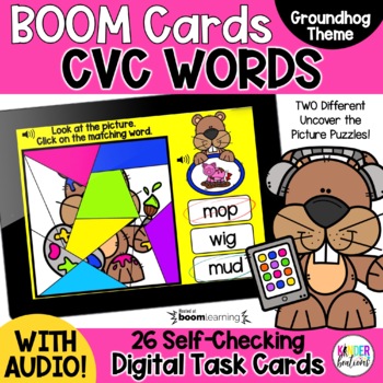 Preview of CVC Words Boom Cards ™ | Digital Phonics Games | Groundhog Theme