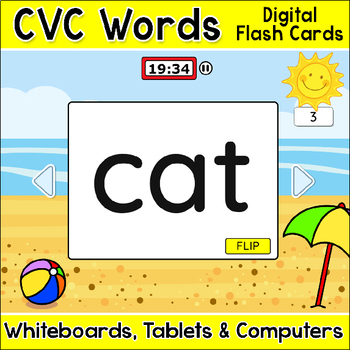 Preview of Digital CVC Words Flash Cards for SmartBoards, iPad, Chromebooks - Summer Theme