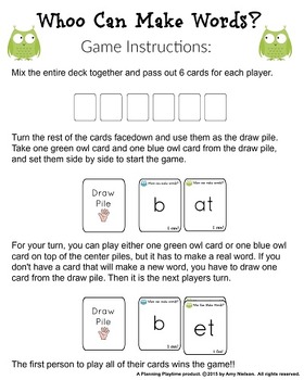 Cvc Words Game Whoo Can Make Words By Planning Playtime Tpt
