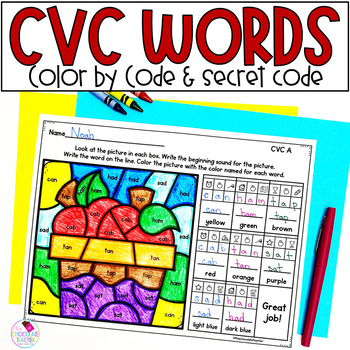 Preview of CVC Words Phonics Worksheets with Short Vowels Secret Code Color by Code