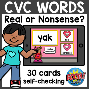 Preview of CVC Words Real or Nonsense Boom Cards | Valentine's Day Distance Learning