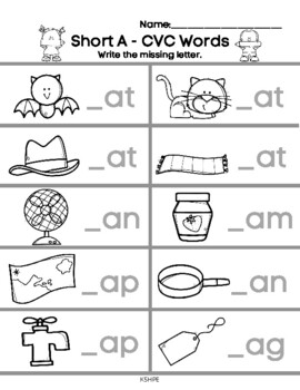 CVC Words, Short A, Write the Missing Letter, Printing, Worksheet, Phonics