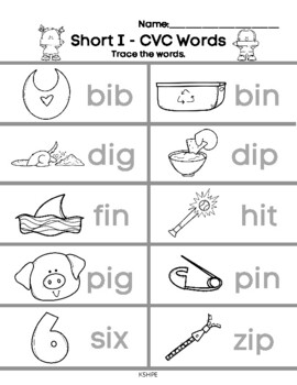 CVC Words, Short I, Trace the Words, Printing, Worksheet, Phonics