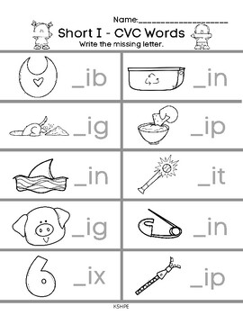 cvc words short i write the missing letter printing worksheet phonics