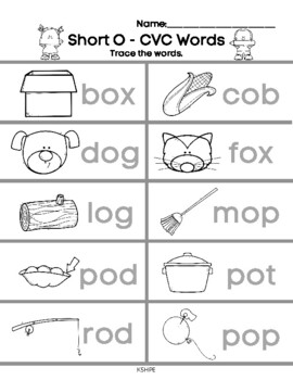 cvc words short o trace the words printing worksheet phonics