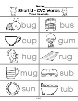 cvc words short u trace the words printing worksheet phonics