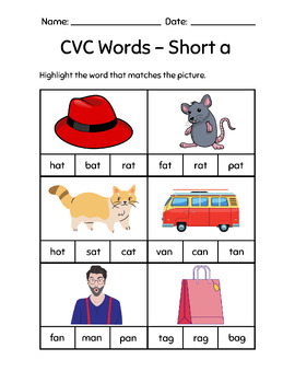 CVC Words Short Vowels A E I O U with Pictures Worksheet for Reading ...