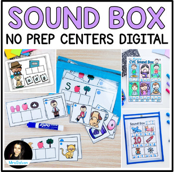 Preview of CVC Words Sound Box Worksheets Centers and Boom Cards Segmenting