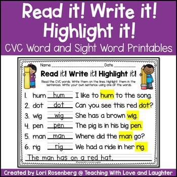Preview of CVC Words and Sight Words Read it! Write it! Highlight it!  Google Classroom
