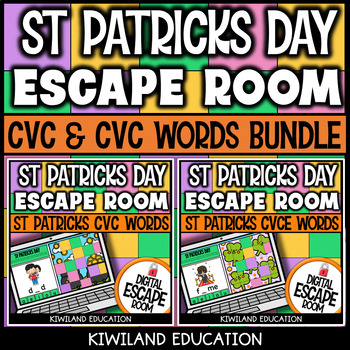 Preview of CVC and CVCE Words Color by Number St Patricks Day Escape Room Activity