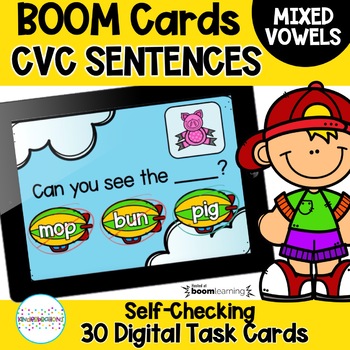 Preview of CVC and Sight Word Sentences Mixed Vowels Boom Cards | Digital Task Cards