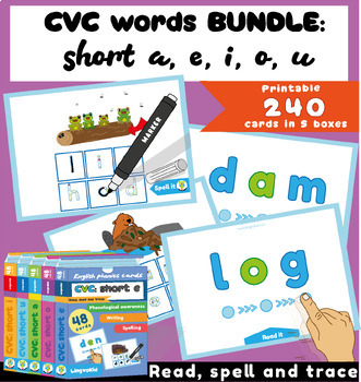 Preview of CVC short vowels words| Read, spell, trace | 240 cards | Bundle | Silent e