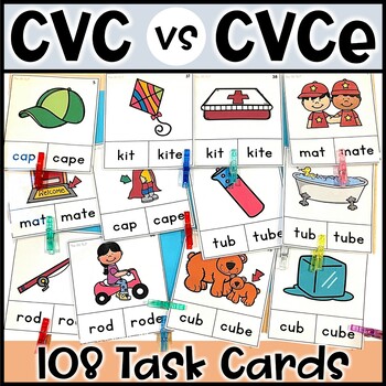 Preview of CVC vs. CVCe Magic E (Short vs. Long Vowel) Minimal Pair TASK CARDS