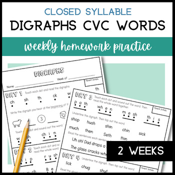 Preview of CVC words with Digraphs (sh, ch, th, wh) Decoding & Fluency Homework Worksheets
