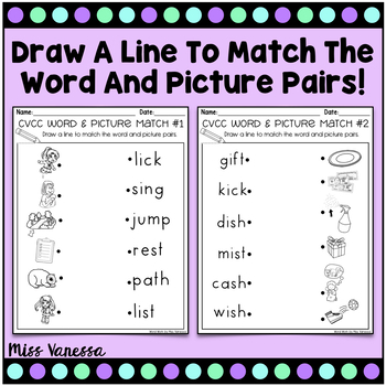 CVCC And CCVC Word and Picture Matching Worksheets by Miss Vanessa