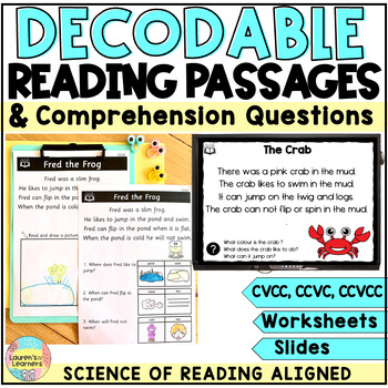 Preview of CVCC, CCVCC Reading Passages and Comprehension Question Worksheets & Slides