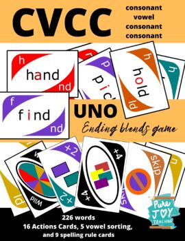 Preview of CVCC Uno Ending Blends with Spelling Rules Card Game, Flashcards