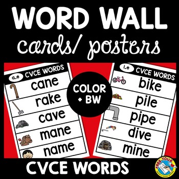 Preview of CVCE WORD FLASH CARDS LIST WITH PICTURES LONG VOWEL SILENT E POSTER PHONICS WALL