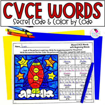 Preview of CVCE Worksheets - Silent E - Long Vowels - Color by Code Secret Code