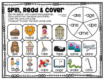 long vowel silent e word family game spin read and cover