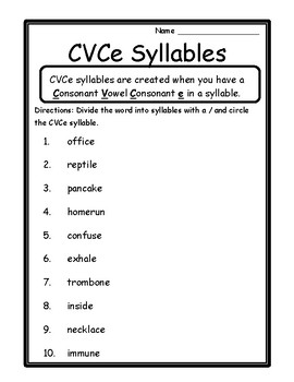 Preview of Language Arts Activity CVCe Syllables Worksheet CVCe Syllable Worksheets