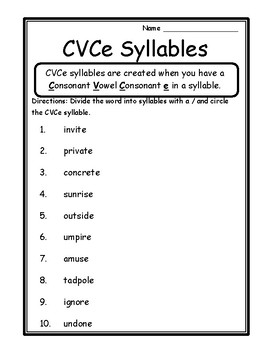 Language Arts Activity CVCe Syllables Worksheet CVCe Syllable Worksheets