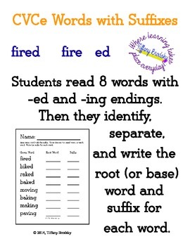 CVCe Words With Suffixes ed and ing; Students write root (base) word