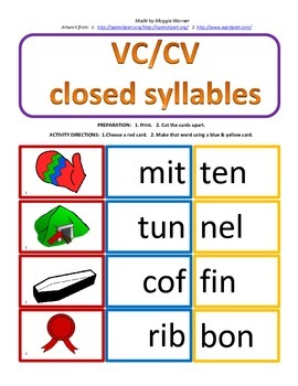 VC/CV 2 syllable card match with worksheet by Maggie Warner | TpT