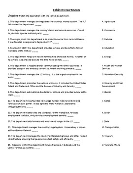Cabinet Departments Matching Quiz By Benjamin Krystal Tpt