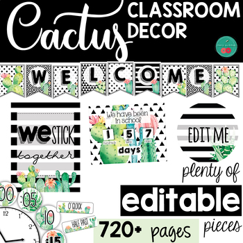 Preview of Cactus Classroom Decor Editable Modern Theme
