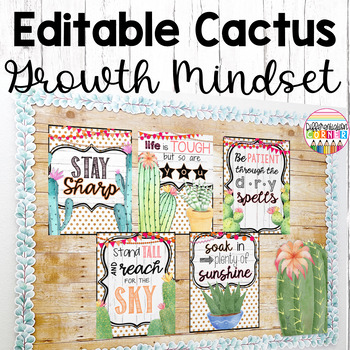 Preview of Growth Mindset Editable Posters Cactus Classroom Decor Plants & Botanicals