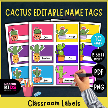 Preview of Cactus Editable Desk Name Tags or Classroom Labels
